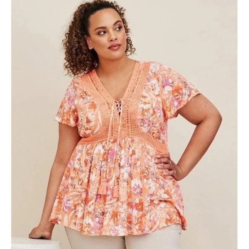 Torrid Orange Floral Lace Up Crochet Trim Babydoll Top Plus Size 2X NWT 18 20